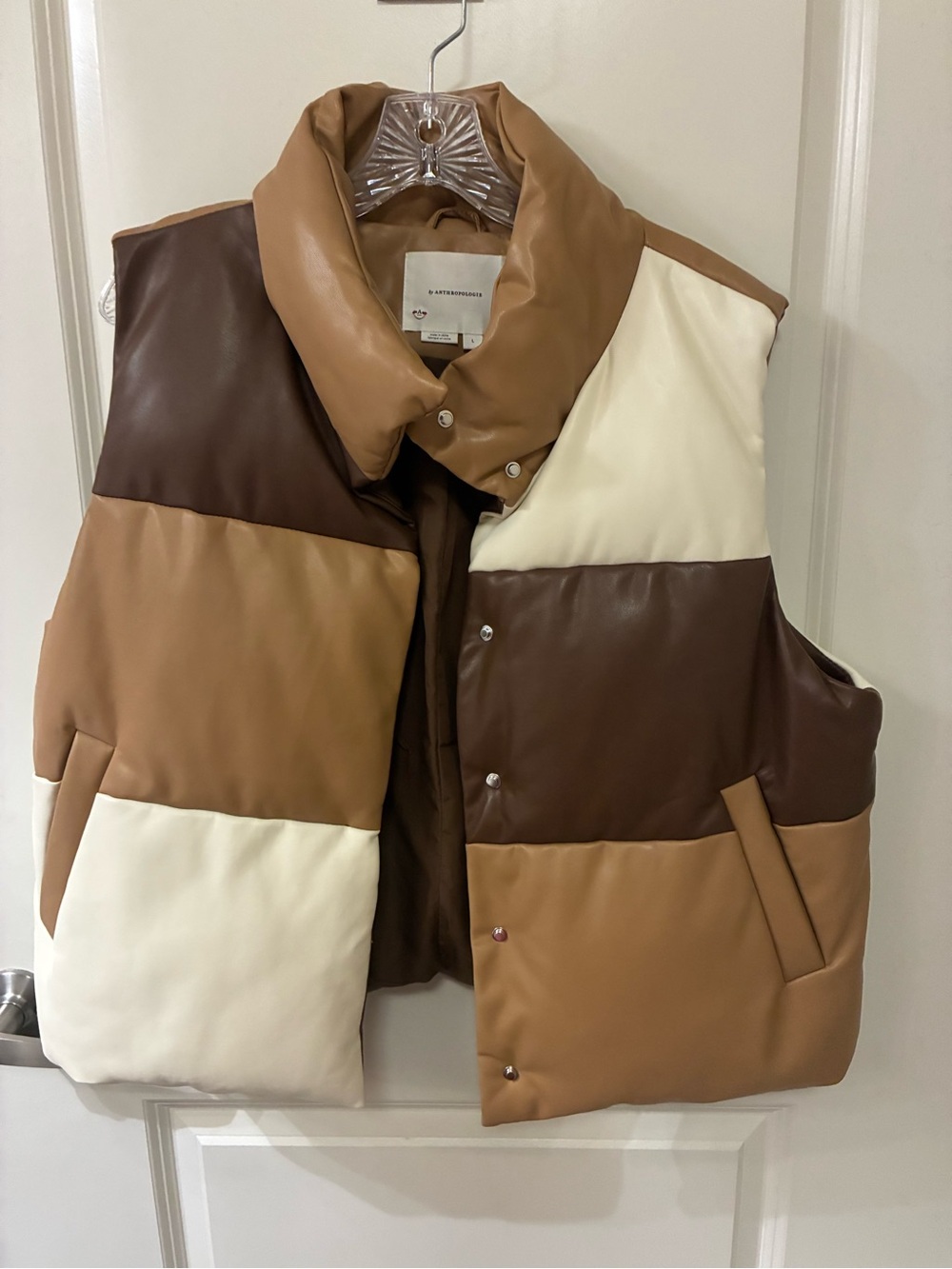 Anthropologie Colorblock Faux-Leather Puffer Vest in Brown, Tan & Cream